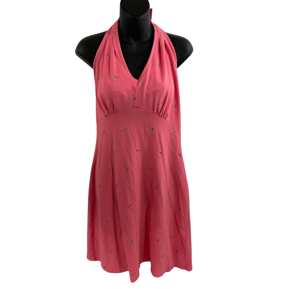Talbots Halter Dress S Pink Palm Tree Embroidered Cotton Spandex Womens